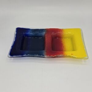 Fused Art Glass Candle Holder Tray Red Yellow Blue‎ 8.5x5"
